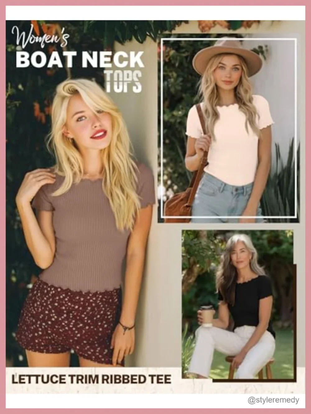 3 Pack Women's Boat Neck Ribbed Crop Tops Lettuce Trim Short Sleeve